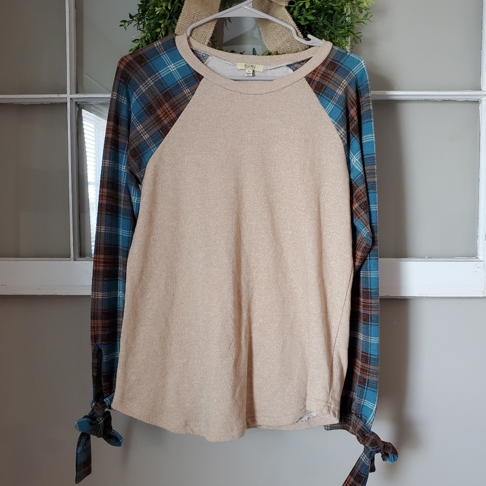 Kori America Fall plaid bow sleeve top sz small